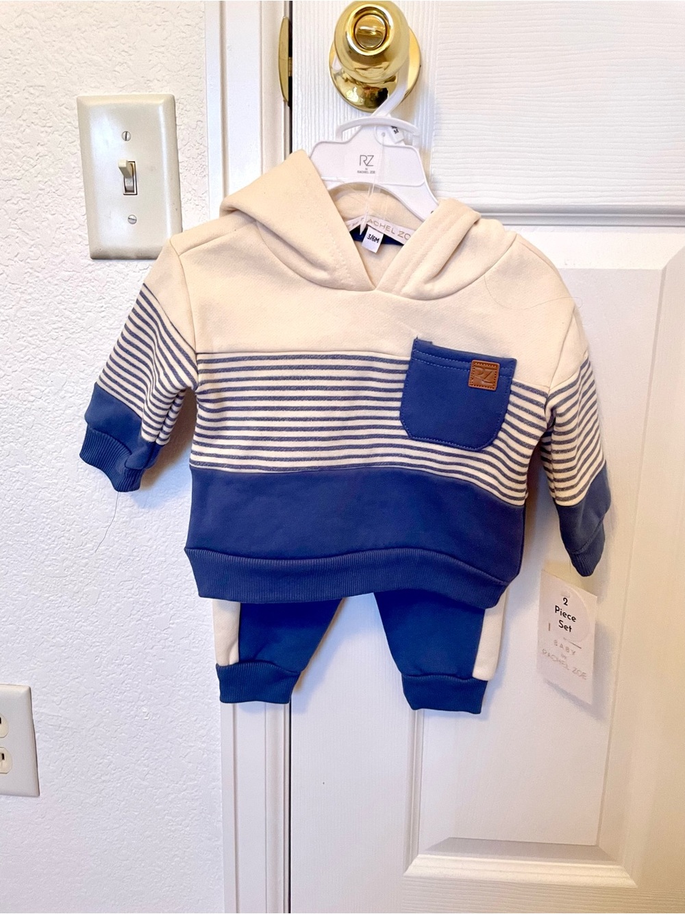 Striped Hoodie and Sweat Pants Set in Cream & Blue - Baby Boys'